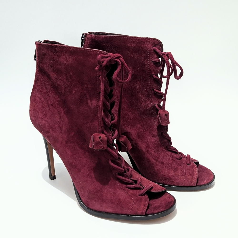 Coach Lena Lux Heels Coach Burgundy Suede Heels Coach Peep toe Lace Up Booties - Picture 2 of 8